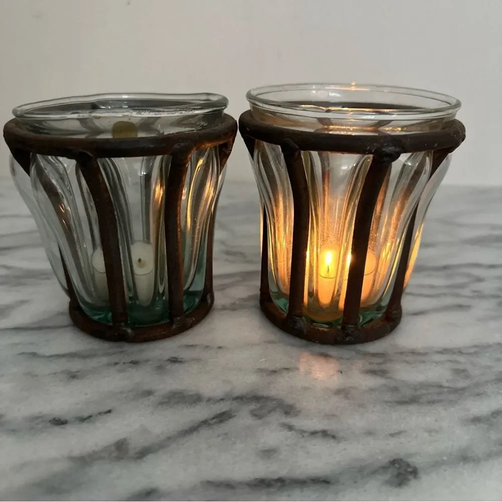 Rustic caged bubble Glass votive Candle Holders vintage brutalist